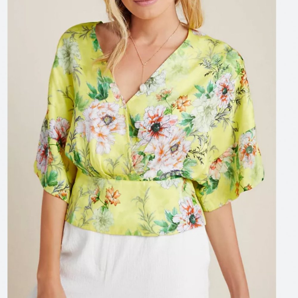 Anthropologie Marika Silk Blend Floral Blouse Dopamine